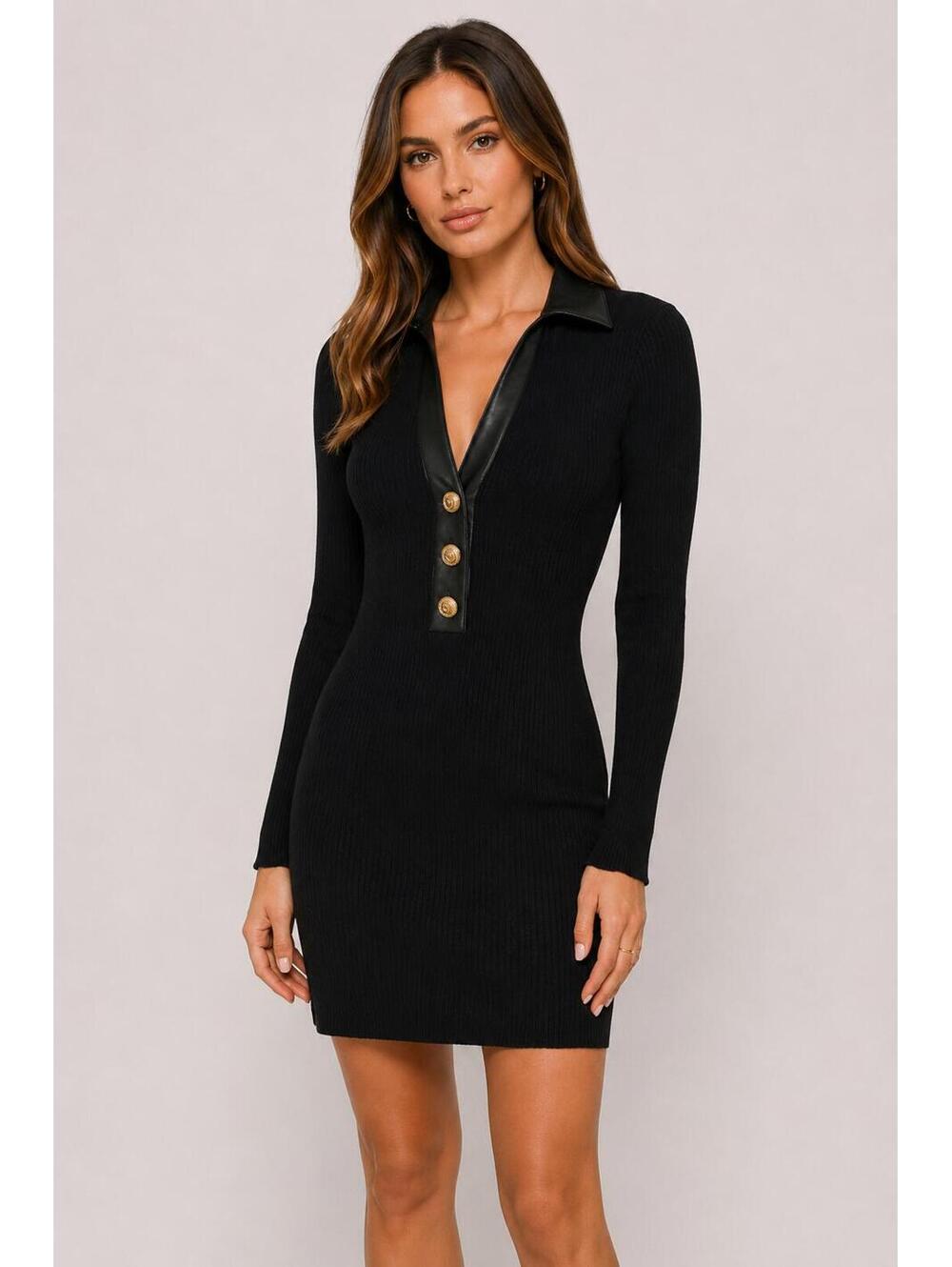 Generation Love Long Sleeve Ribbed Mini Dress Faux Leather Collar XS